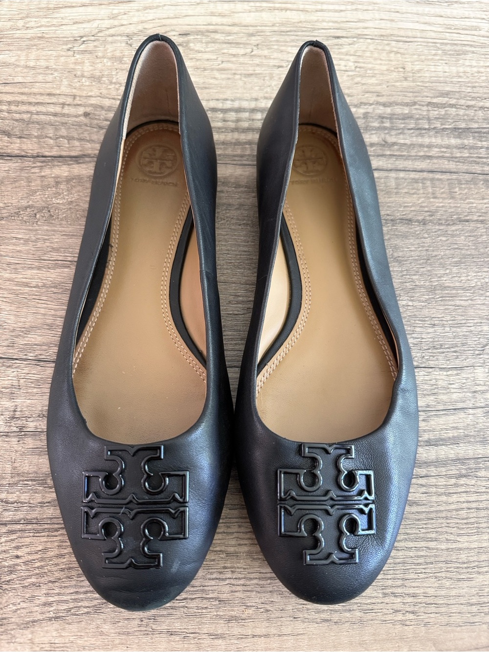 Tory Burch Black Leather Logo Flats